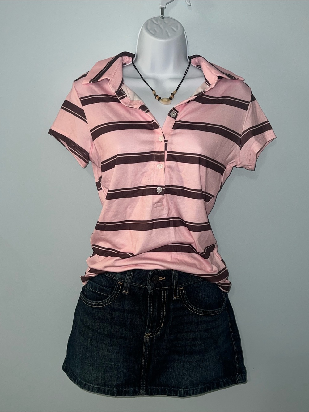 y2k preppy pink and brown striped polo shirt size Small